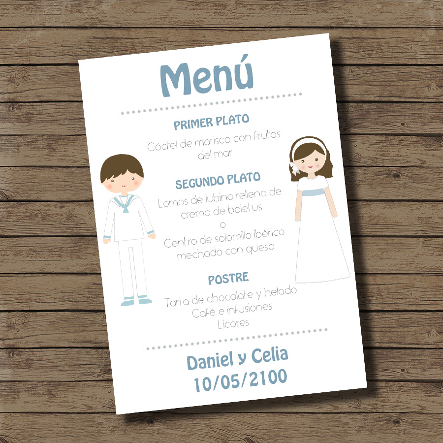 Imagen de producto: Imprimible menú de  comunión doble Celia y Daniel