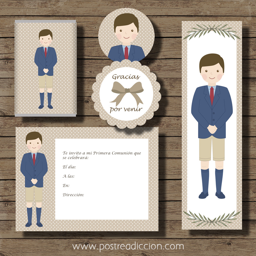 Imagen del producto: Kit imprimible de comunión Carlitos lunares - marrón
