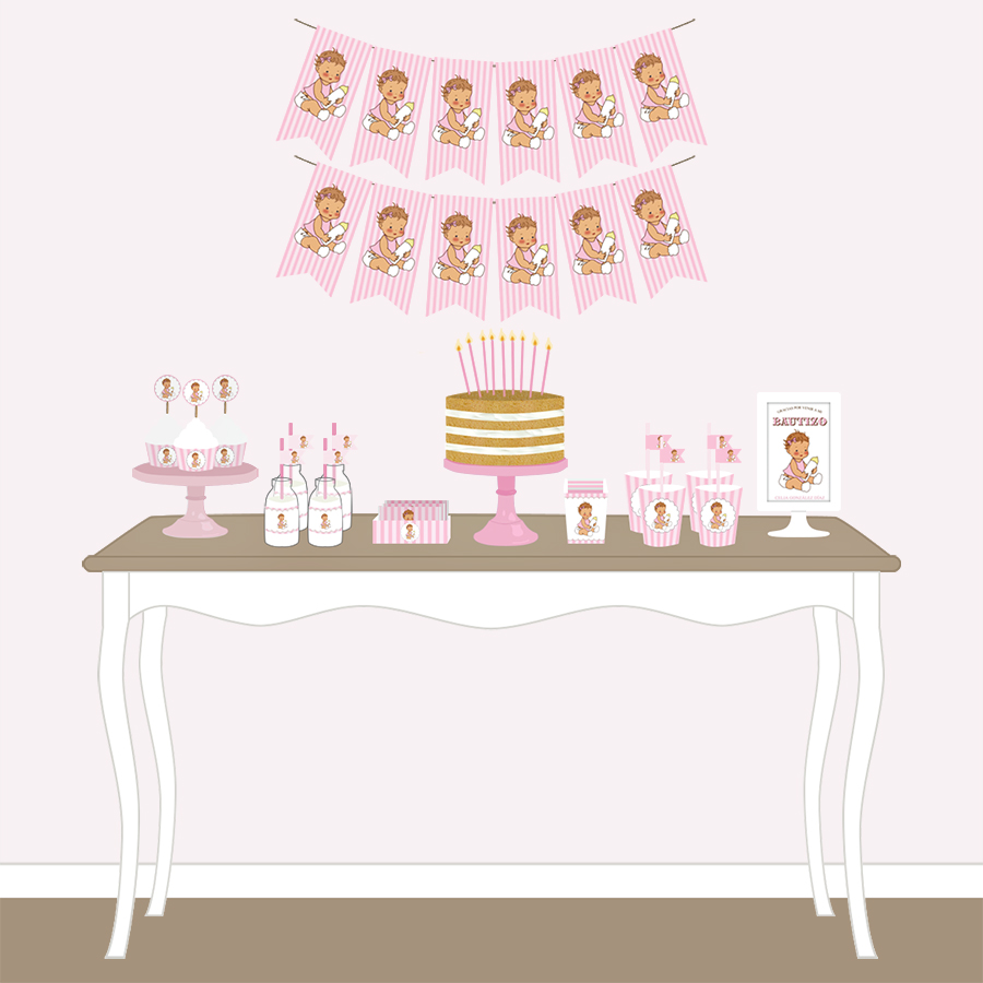 Imagen de producto: Kit de bautizo, baby shower o primer cumpleaños vintage - rosa